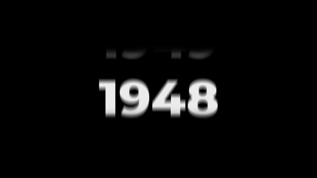 Reverse 86 year counter animation scrolling back from 2026 to 1940. White 3D text on black background. Going back in time flashback and history timeline motion graphics concept.