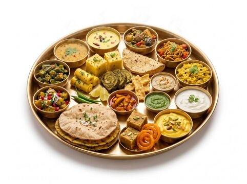 Authentic Traditional Gujarati Thali with Classic Gujarat Cuisine Isolated on White Background