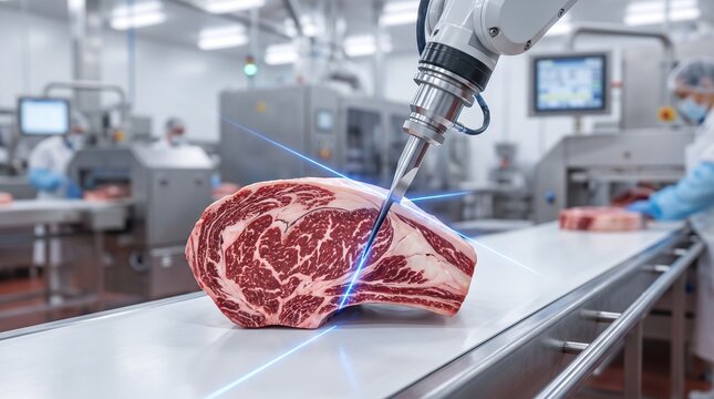 Robotic arm precisely cuts raw beef ribeye on an automated processing line