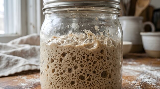 Active sourdough starter in glass jar, bubbly fermented yeast culture for artisan bread baking, rustic kitchen scene with flour and linen
