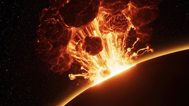 Nuclear explosions on planet surface. Global war destruction on alien world landscape.