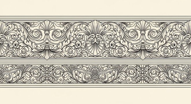 Ornate scrollwork and leaf pattern border, decorative vintage etching, elegant floral embellishment, classical design element.