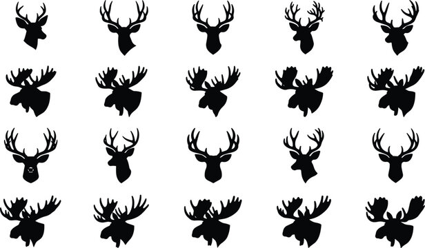 Minimalist black stag buck and elk trophy head glyph icons collection with wilderness forest fauna graphic design elements