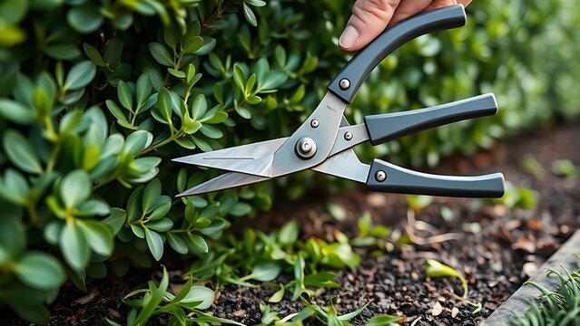 Sharp garden shears trimming a manicured green hedge, fresh cuttings on soil.