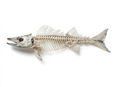 Complete Fish Skeleton Isolated On White Background Showing Natural Bone Structure And Detail