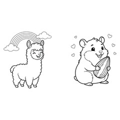 Fototapeta premium Cute Animal Coloring Pages Collection with Alpaca and Hamster Outline Vector Illustration Set
