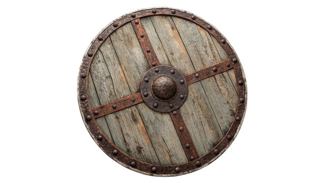Ancient heavy wooden viking shield with iron reinforcement isolated on transparent background