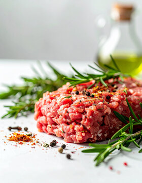 Fresh raw minced meat with aromatic spices and fresh herbs, ready for cooking, tasty food, soft white blurred background, culinary ingredient. Close-up.