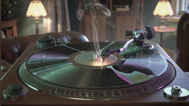 Vinyl record spinning on turntable with smoke rising. Retro music player playing audio track in vintage room. Analog sound equipment for classic record hobbyist.