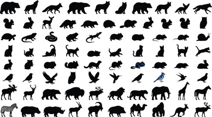 Obraz premium Massive wild and domestic animals silhouette vector collection featuring birds mammals reptiles and forest wildlife icon mega set
