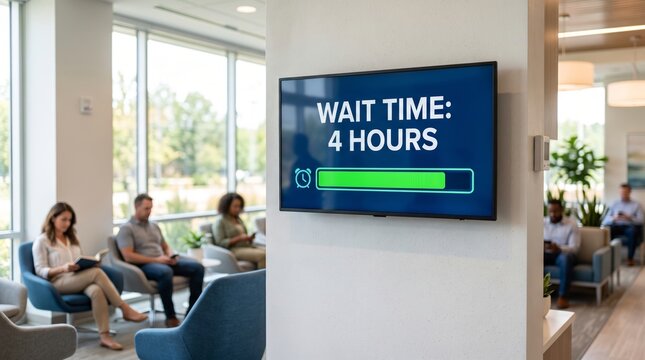 Digital screen displaying long wait time in hospital waiting room