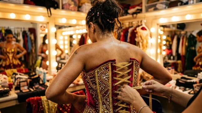 Theatrical actress receiving costume fitting adjustments inside authentic dressing room vanity mirror setup