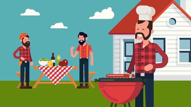 2D Animated Family and Friends Having Barbecue Grill Party in House Backyard Garden Flat Vector Character Animation Footage