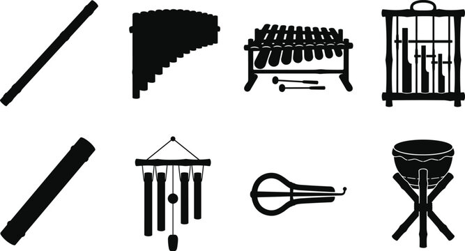 Musical Instrument Silhouettes Featuring Flute, Pan Flute, Xylophone, Chimes, Rainstick, Wind Chime, Jaw Harp, and Drum