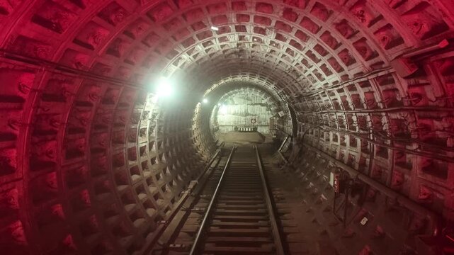 Empty subway tunnel with rails leading into illuminated circular tube, transportation infrastructure, engineering, underground network.