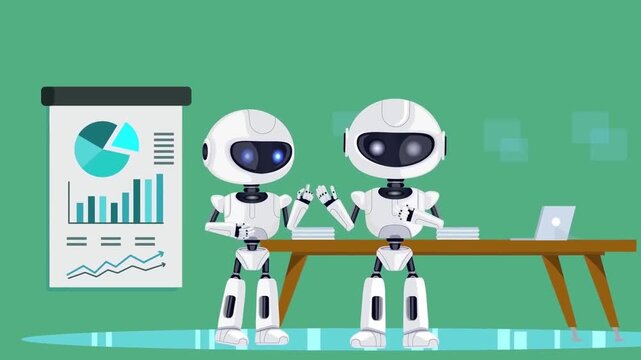 2D Animated Two AI Robots Working on Laptop at Office Desk Next to Analytics Chart Flat Vector Motion Graphics Animation Footage