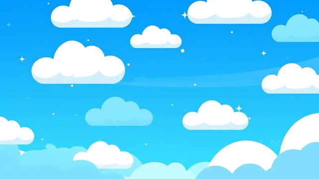 A bright blue sky filled with fluffy white cartoon clouds