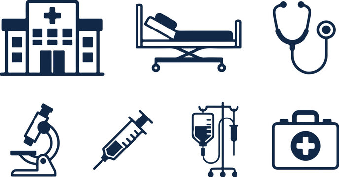 Set of blue medical icons featuring hospital building and common clinical equipment for healthcare designs