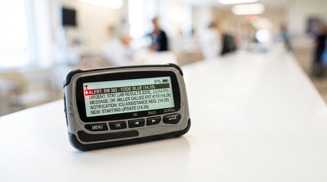 Hospital pager displaying urgent emergency alerts on nurse counter