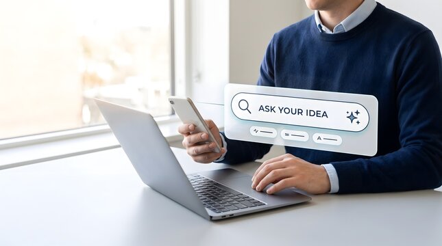 Idea generation search interface projecting from smartphone highlighting creative brainstorming and digital innovation on desk