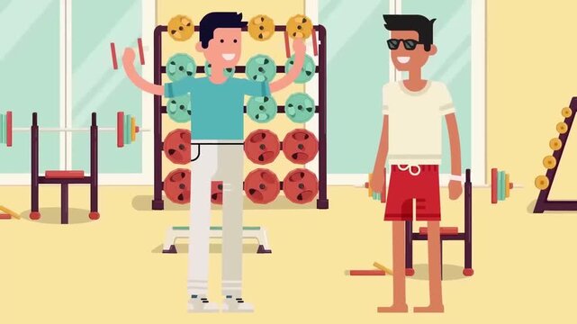 2D Animated Men Training and Lifting Heavy Dumbbell Weights in Gym Fitness Center Flat Vector Character Animation Footage