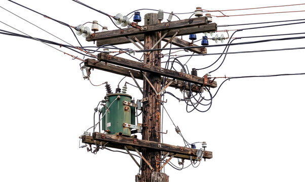 Old Wooden Utility Pole with Transformer and Power Lines Isolated on Black Background, Vintage Electric Power Lines