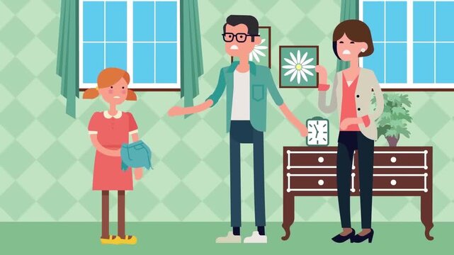 2D Animated Angry Parents Arguing and Scolding Little Daughter in Living Room Home Flat Vector Character Animation Footage