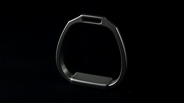 Magnified stapes model shaped like a stirrup, isolated on black with sharp focus.