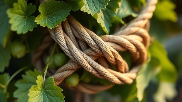 Close-up of green hop bines with leaves spiraling around a support rope.