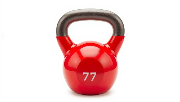 Red kettlebell with handle and number 77 on white background