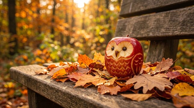 Owl carved from a fresh red apple sits peacefully on a weathered wooden bench surrounded by fallen autumn leaves in a tranquil forest setting.