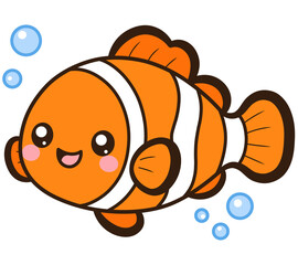 Cute cartoon clownfish single element, lovely orange anemone fish character swimming with water bubbles illustration for kids marine education and sticker design