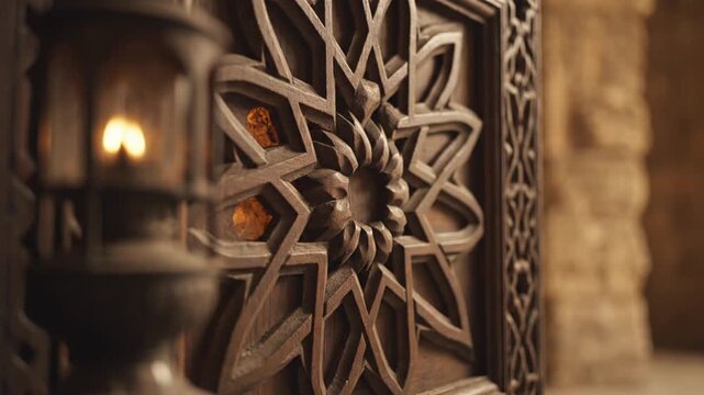 Ornate wooden carving and glowing lantern in dim traditional setting