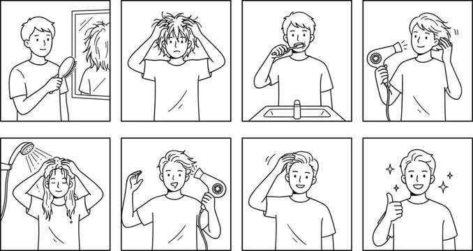 Men daily morning routine step by step storyboard vector illustration featuring hair care washing brushing and teeth cleaning line art