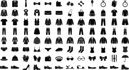 Men and women clothing fashion accessories silhouette icons set featuring shirts suits shoes jackets and wardrobe vector illustrations on white background © Bappi