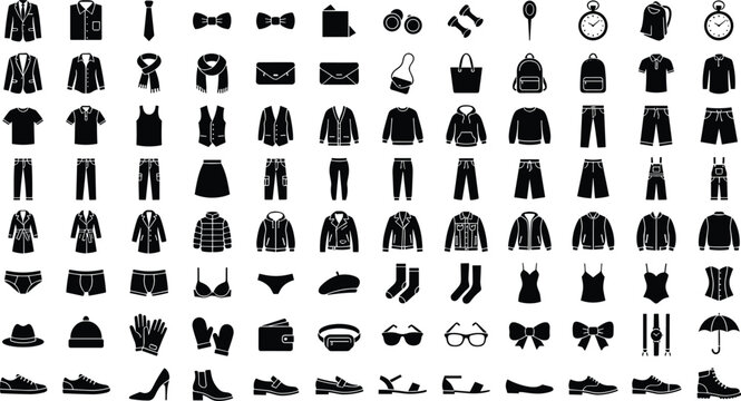Men and women clothing fashion accessories silhouette icons set featuring shirts suits shoes jackets and wardrobe vector illustrations on white background