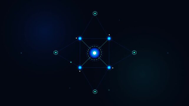 Blue glowing particles orbiting in a digital futuristic network video.