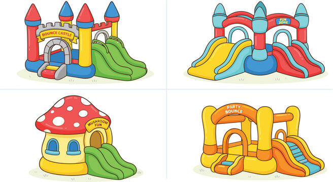 Inflatable bouncy castle vector set featuring colorful outdoor playground bounce houses and slide elements for children party designs.