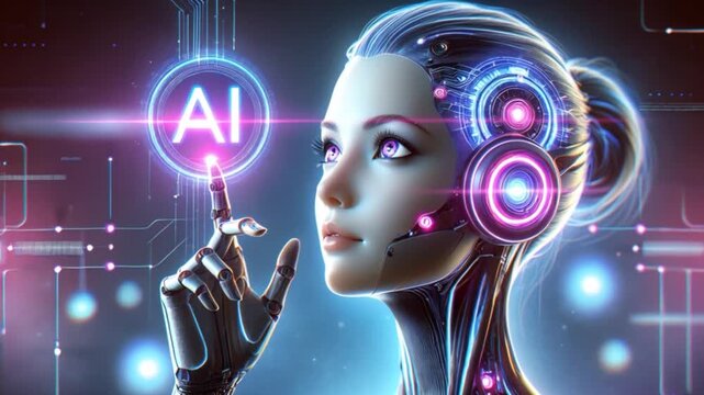 Video of female android observing glowing AI hologram with advanced robotics and futuristic technology concept.