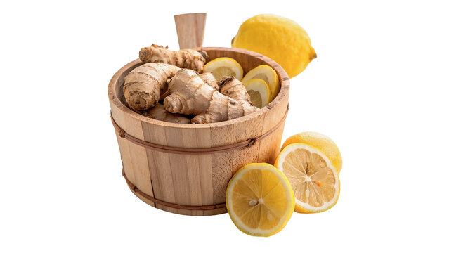 Wooden bowl filled with fresh ginger root and lemons isolated on transparent background