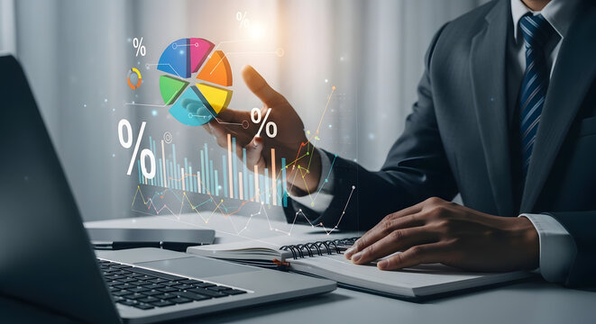 Business analysis with data visuals and investor insights in modern tech setting