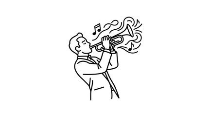 Sleek Black and White Line Drawing of Musician Playing Trumpet with Musical Notes Embodying Creativity © bayu