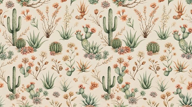 Seamless pattern with watercolor desert cacti and succulents
