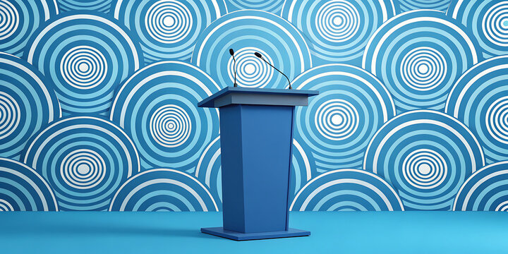 Blue presentation podium with microphones on concentric circles