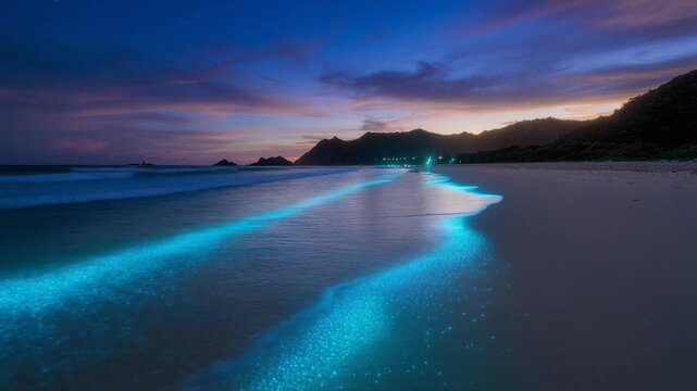 Twilight beach loop shimmering bioluminescent waves with sand reflecting soft ambient lighting