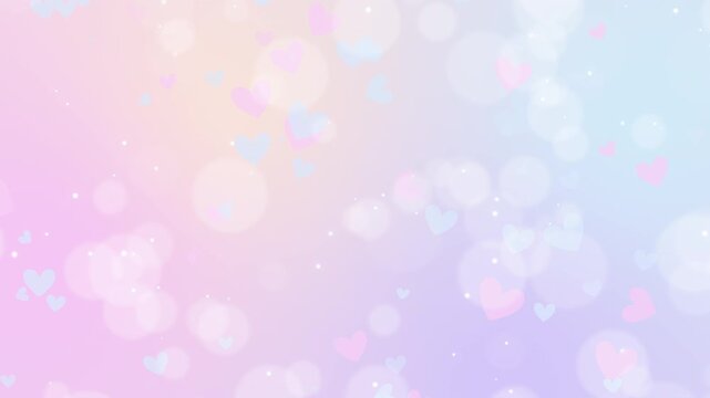 パステルカラーのグラデーション背景をハートと丸ボケがゆっくり上に上がっていくループ動画 4K / Cute hearts and bokeh lights slowly rising on pastel gradient background seamless loop 4K