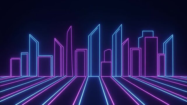 Seamless Loop of Neon City Skyline Line Art, Glowing Blue and Purple Skyscrapers, Urban VJ Motion Graphics