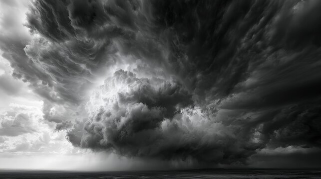 A dramatic and intense black-and-white image of towering storm clouds gathering over a dark horizon.