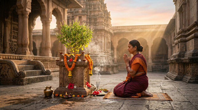 Woman kneeling in prayer before a decorated Tulsi shrine inside a historic temple courtyard