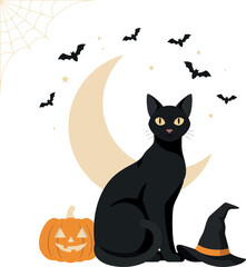 Fototapeta premium Black cat with crescent moon and pumpkin during Halloween night Vector Illustration Isolated on white background